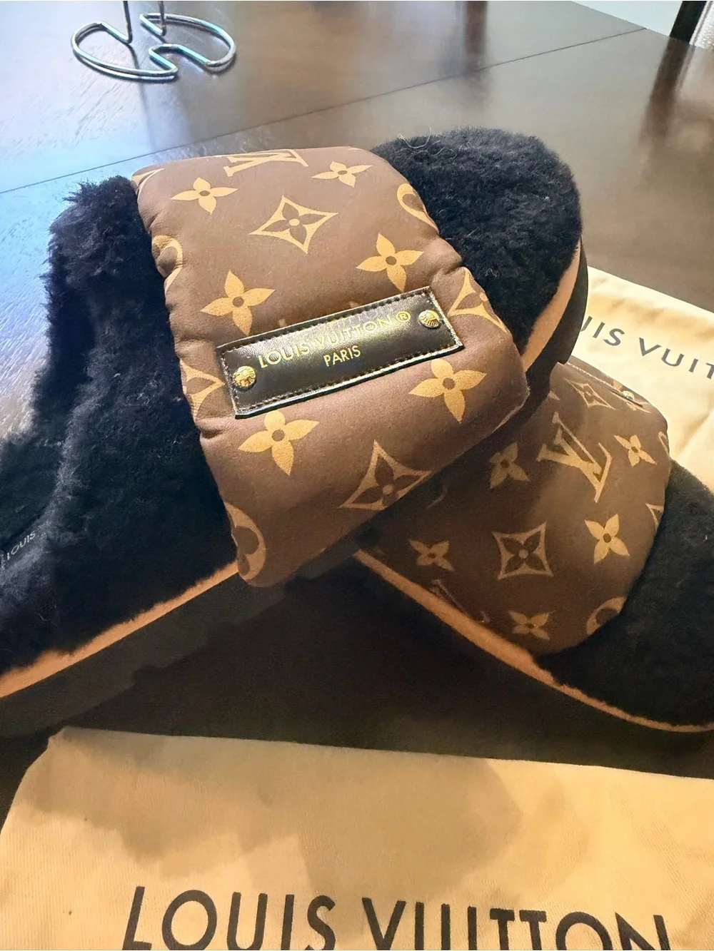 Louis Vuitton Brown/black Monogram pool pillow comfort Shearling mules 37 EUC